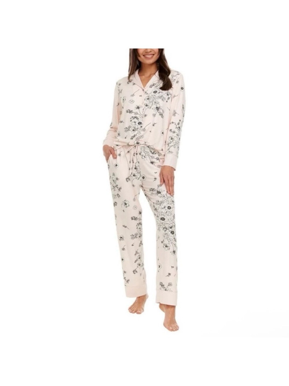 NEW-FN Flora Nikrooz Women's Super Soft Satin Pajama Set with Notch Collar Pink